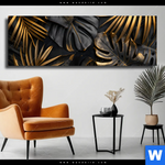 Leinwandbild Palmenblaetter Schwarz Gold Panorama Produktvorschau mit dem Bild Palmenblätter Schwarz Gold im Format Panorama.