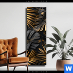 Leinwandbild Palmenblaetter Schwarz Gold Schmal Produktvorschau mit dem Bild Palmenblätter Schwarz Gold im Format Schmal.
