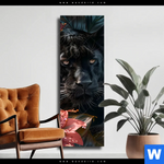 Leinwandbild Panther Und Rote Blueten Schmal Produktvorschau mit dem Bild Panther und rote Blüten im Format Schmal.
