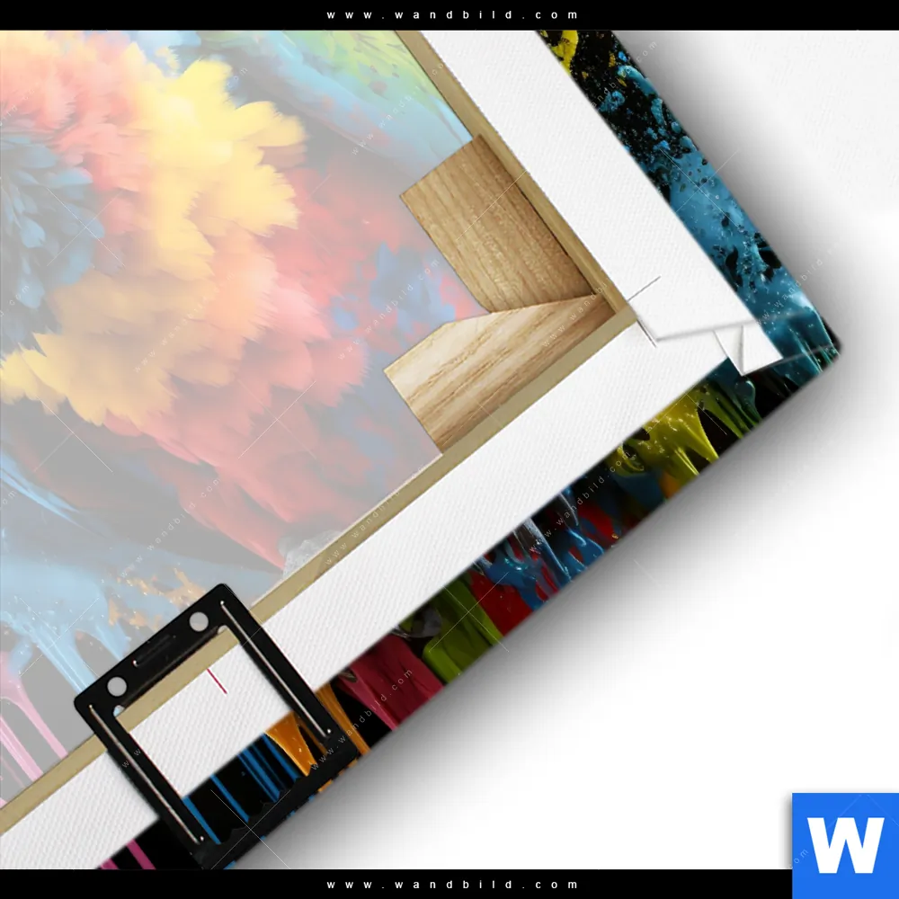 Leinwandbild von wandbild.com - Papagei mit bunten Farbspritzern - Quadrat