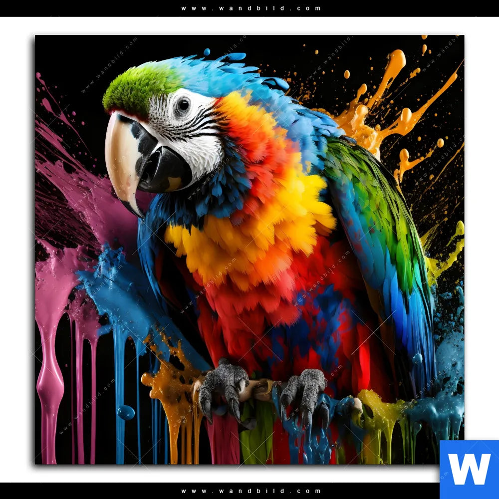 Leinwandbild von wandbild.com - Papagei mit bunten Farbspritzern - Quadrat