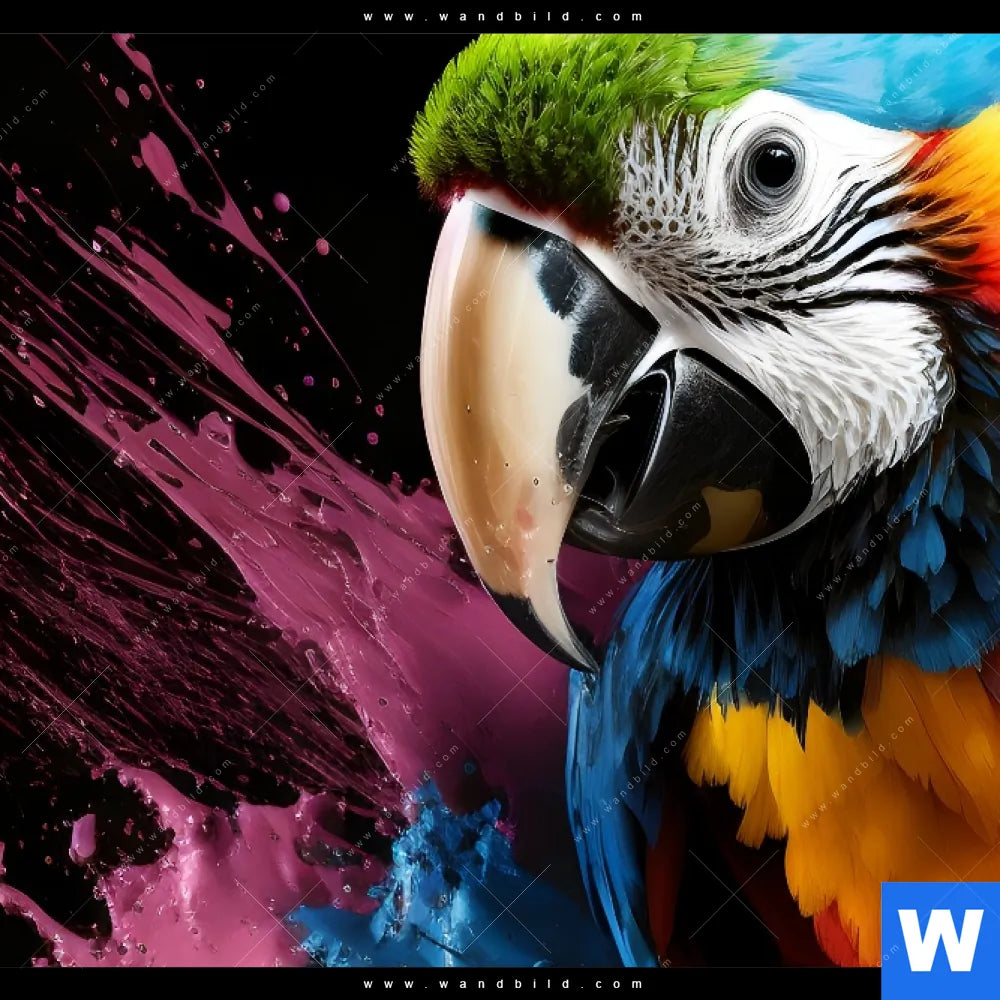 Papagei - Leinwandbild Quadrat mit - von bunten wandbild.com Farbspritzern