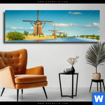 Leinwandbild Romantik Zwischen Windmuehlen Panorama Produktvorschau mit dem Bild Romantik zwischen Windmühlen im Format Panorama.