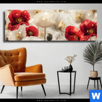 Leinwandbild Rote Und Weisse Mohnblumen Panorama Produktvorschau mit dem Bild Rote und weiße Mohnblumen im Format Panorama.
