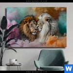 Leinwandbild Sanfte Loewenmomente In Buntem Nebel Querformat Produktvorschau mit dem Bild Sanfte Löwenmomente in buntem Nebel im Format Querformat.