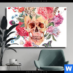 Leinwandbild Schaedel Im Boho Stil Querformat Produktvorschau mit dem Bild Schädel im Boho Stil im Format Querformat.