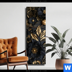 Leinwandbild Schwarze Und Goldene Blueten Schmal Produktvorschau mit dem Bild Schwarze und goldene Blüten im Format Schmal.