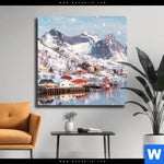 Leinwandbild Skandinavisches Dorf Im Schnee Quadrat Produktvorschau mit dem Bild Skandinavisches Dorf im Schnee im Format Quadrat.