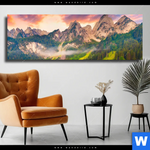 Leinwandbild Sonnenaufgang Am Bergsee Panorama Produktvorschau mit dem Bild Sonnenaufgang am Bergsee im Format Panorama.