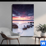 Leinwandbild Sonnenaufgang Am Strand Mit Felsen Hochformat Produktvorschau mit dem Bild Sonnenaufgang am Strand mit Felsen im Format Hochformat.