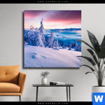 Leinwandbild Sonnenaufgang Im Schnee Quadrat Produktvorschau mit dem Bild Sonnenaufgang im Schnee im Format Quadrat.