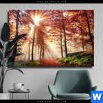 Leinwandbild Sonnenlicht Im Nebligen Wald Querformat Produktvorschau mit dem Bild Sonnenlicht im nebligen Wald im Format Querformat.
