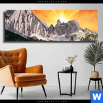 Leinwandbild Sonnenuntergang In Den Bergen Panorama Produktvorschau mit dem Bild Sonnenuntergang in den Bergen im Format Panorama.