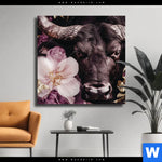 Leinwandbild Stier Mit Blumen Quadrat Produktvorschau mit dem Bild Stier mit Blumen im Format Quadrat.