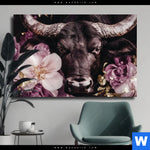 Leinwandbild Stier Mit Blumen Querformat Produktvorschau mit dem Bild Stier mit Blumen im Format Querformat.