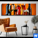 Leinwandbild Stillleben Flaschen Glaeser Panorama Produktvorschau mit dem Bild Stillleben Flaschen Gläser im Format Panorama.