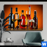 Leinwandbild Stillleben Flaschen Glaeser Querformat Produktvorschau mit dem Bild Stillleben Flaschen Gläser im Format Querformat.