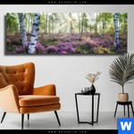 Leinwandbild Wald Mit Heideblumen Panorama Produktvorschau mit dem Bild Wald mit Heideblumen im Format Panorama.