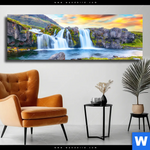 Leinwandbild Wasserfall Bei Sonnenuntergang Panorama Produktvorschau mit dem Bild Wasserfall bei Sonnenuntergang im Format Panorama.