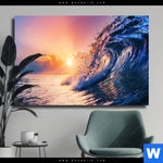 Leinwandbild Welle Im Sonnenuntergang Querformat Produktvorschau mit dem Bild Welle im Sonnenuntergang im Format Querformat.