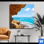 Leinwandbild Wellenrauschen Und Felsenklippe Quadrat Produktvorschau mit dem Bild Wellenrauschen und Felsenklippe im Format Quadrat.