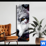 Leinwandbild Wolf Mit Bunten Farbspritzern Schmal Produktvorschau mit dem Bild Wolf mit bunten Farbspritzern im Format Schmal.