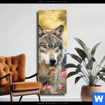 Leinwandbild Wolfsblick Im Fruehling Schmal Produktvorschau mit dem Bild Wolfsblick im Frühling im Format Schmal.