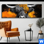 Leinwandbild Zotteliges Hochland Rind Panorama Produktvorschau mit dem Bild Zotteliges Hochland-Rind im Format Panorama.