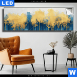 Leuchtbild Abstrakter Wald Blau Gold Panorama Produktvorschau mit dem Bild Abstrakter Wald - Blau & Gold im Format Panorama.