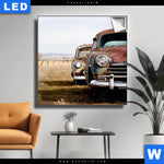 Leuchtbild Alte Rostige Autos Quadrat Produktvorschau mit dem Bild Alte rostige Autos im Format Quadrat.