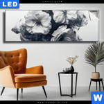 Leuchtbild Blumen Im Schwarzen Farbnebel Panorama Produktvorschau mit dem Bild Blumen im schwarzen Farbnebel im Format Panorama.