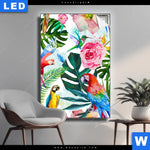 Leuchtbild Blumen Papageien Aquarell Hochformat Produktvorschau mit dem Bild Blumen & Papageien Aquarell im Format Hochformat.