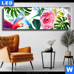 Leuchtbild Blumen Papageien Aquarell Panorama Produktvorschau mit dem Bild Blumen & Papageien Aquarell im Format Panorama.