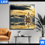 Leuchtbild Buddha Bei Sonnenaufgang Quadrat Produktvorschau mit dem Bild Buddha bei Sonnenaufgang im Format Quadrat.