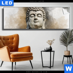 Leuchtbild Buddha In Frieden Panorama Produktvorschau mit dem Bild Buddha in Frieden im Format Panorama.