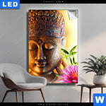 Leuchtbild Buddha Kopf Seerose Hochformat Produktvorschau mit dem Bild Buddha Kopf & Seerose im Format Hochformat.