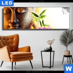 Leuchtbild Buddha Kopf Seerose Panorama Produktvorschau mit dem Bild Buddha Kopf & Seerose im Format Panorama.