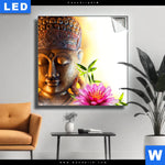 Leuchtbild Buddha Kopf Seerose Quadrat Produktvorschau mit dem Bild Buddha Kopf & Seerose im Format Quadrat.