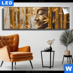 Leuchtbild Buddha Statue Im Goldenen Bambus Panorama Produktvorschau mit dem Bild Buddha-Statue im goldenen Bambus im Format Panorama.