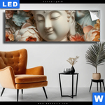 Leuchtbild Buddha Statue Mit Blueten Panorama Produktvorschau mit dem Bild Buddha-Statue mit Blüten im Format Panorama.