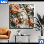 Leuchtbild Buddha Statue Mit Blueten Quadrat Produktvorschau mit dem Bild Buddha-Statue mit Blüten im Format Quadrat.