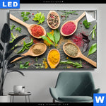 Leuchtbild Bunte Gewuerze In Holzloeffeln Querformat Produktvorschau mit dem Bild Bunte Gewürze in Holzlöffeln im Format Querformat.