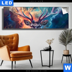 Leuchtbild Bunter Hirsch In Flammen Panorama Produktvorschau mit dem Bild Bunter Hirsch in Flammen im Format Panorama.