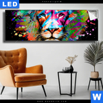 Leuchtbild Bunter Loewe Schwarz Panorama Produktvorschau mit dem Bild Bunter Löwe Schwarz im Format Panorama.