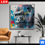 Leuchtbild Dia Bunter Gorilla Mit Farbspritzern Quadrat Produktvorschau mit dem Bild Bunter Gorilla mit Farbspritzern im Format Quadrat.