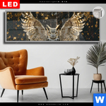 Leuchtbild Dia Eule Inmitten Goldener Blaetter Panorama Produktvorschau mit dem Bild Eule inmitten goldener Blätter im Format Panorama.