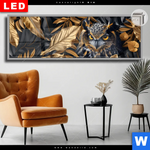 Leuchtbild Dia Eule Und Goldene Blaetter Panorama Produktvorschau mit dem Bild Eule und goldene Blätter im Format Panorama.