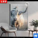 Leuchtbild Dia Hochlandrind Bunter Vogel Hochformat Produktvorschau mit dem Bild Hochlandrind & bunter Vogel im Format Hochformat.