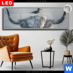 Leuchtbild Dia Hochlandrind Bunter Vogel Panorama Produktvorschau mit dem Bild Hochlandrind & bunter Vogel im Format Panorama.