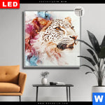 Leuchtbild Dia Leopard In Farbexplosion Quadrat Produktvorschau mit dem Bild Leopard in Farbexplosion im Format Quadrat.